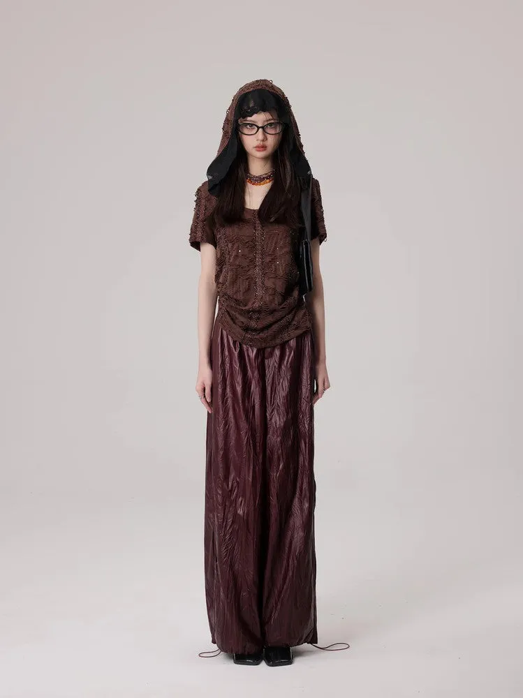 Wrinkled Leather Wide-Leg Nichi High-End Drawstring Pants