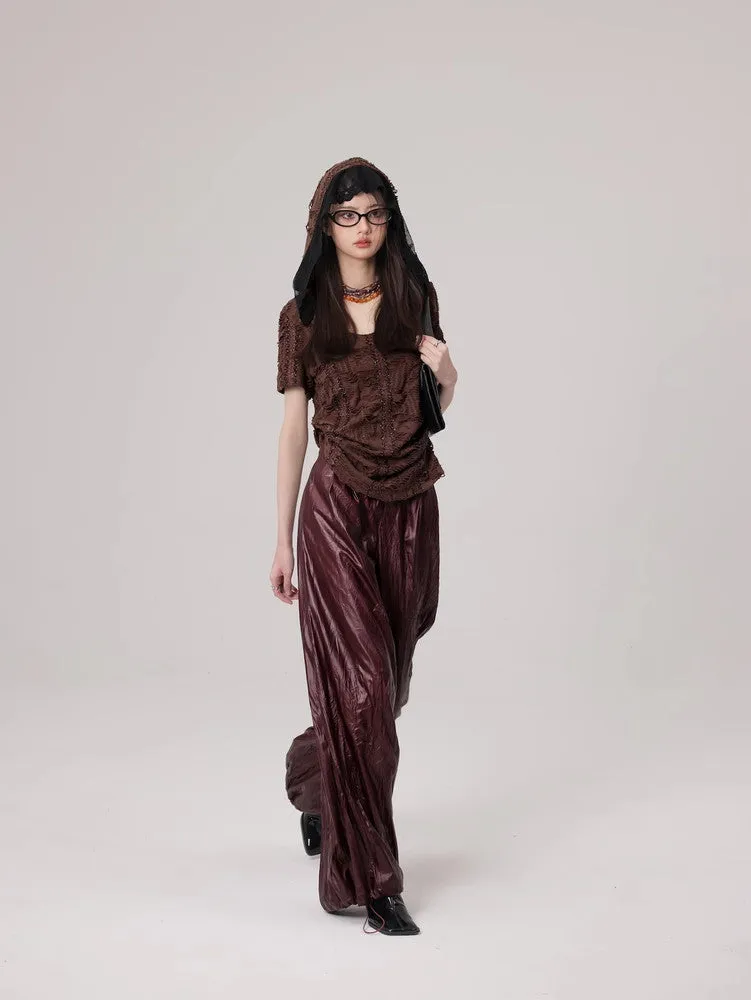 Wrinkled Leather Wide-Leg Nichi High-End Drawstring Pants