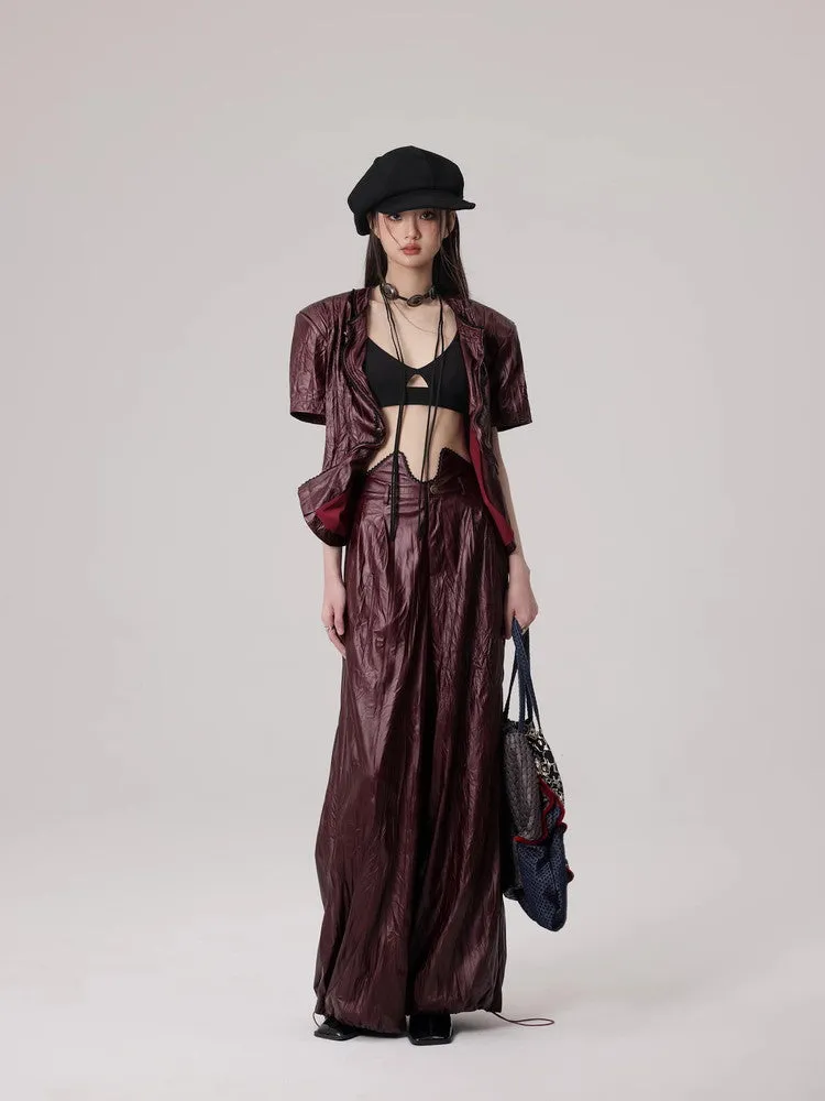 Wrinkled Leather Wide-Leg Nichi High-End Drawstring Pants