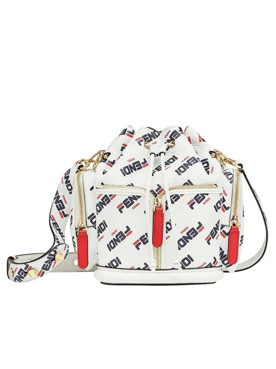 X Fila Mon Tresor Mania Logo White Leather Bucket Bag