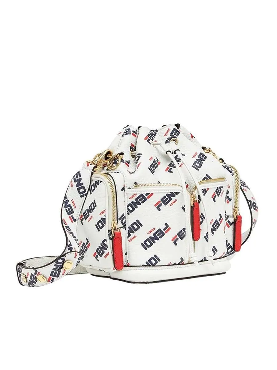 X Fila Mon Tresor Mania Logo White Leather Bucket Bag